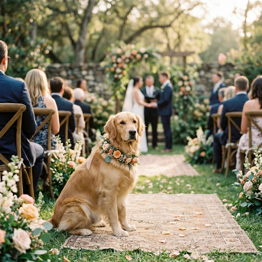 A beautiful golden retriever wearing a floral collar sitting at an outdoor wedding ceremony